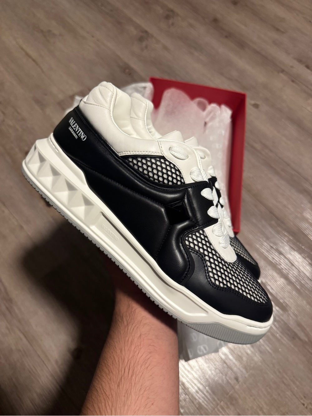 Valentino Men’s Black and White Mesh Leather Sneakers